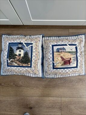 Set of Coastal Lighthouse & Beach Scene Decorative Throw Pillows - Blue